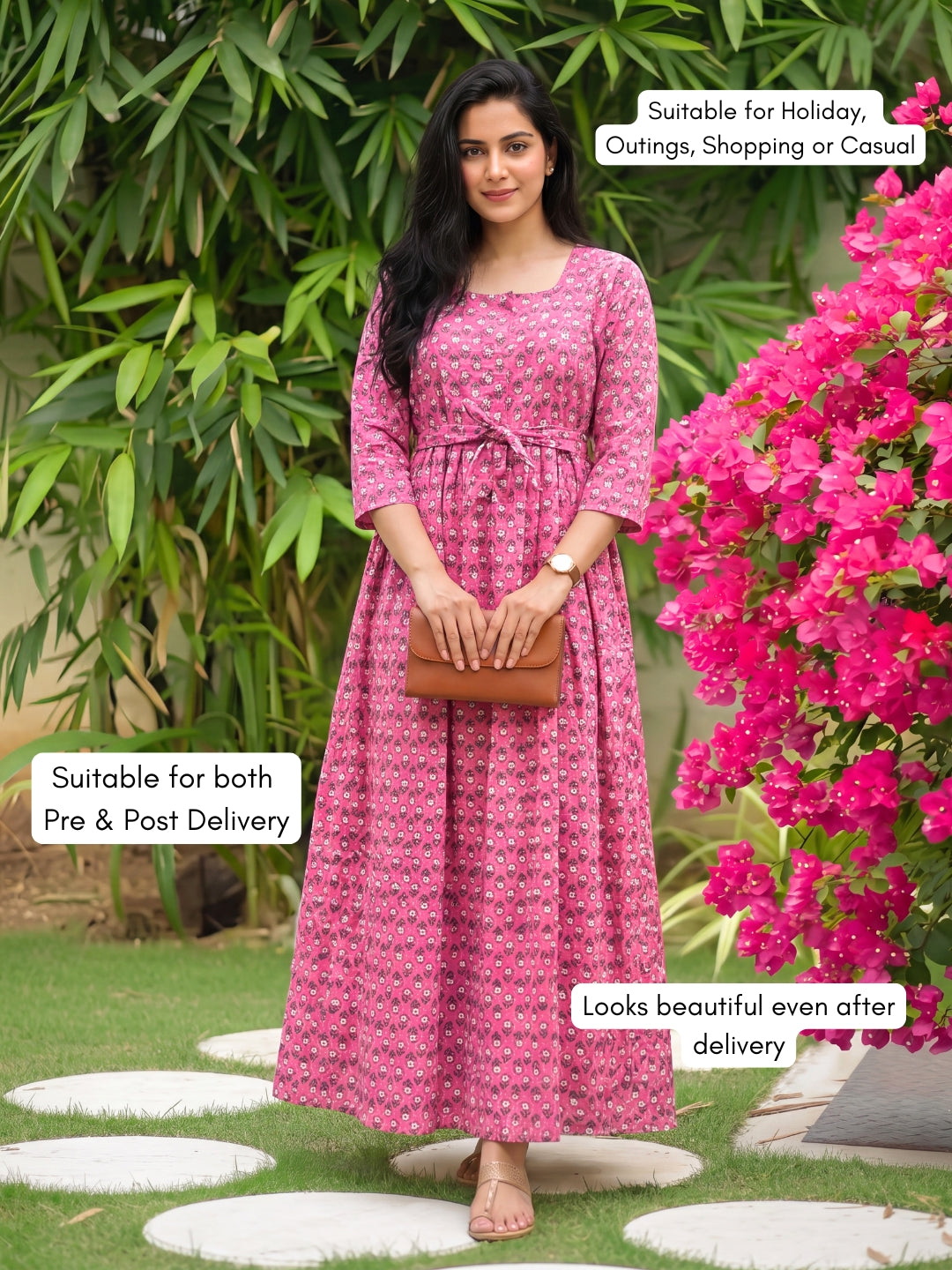 Pink Grey Flower - Maternity Dress with Feeding Zips - Pure Cotton