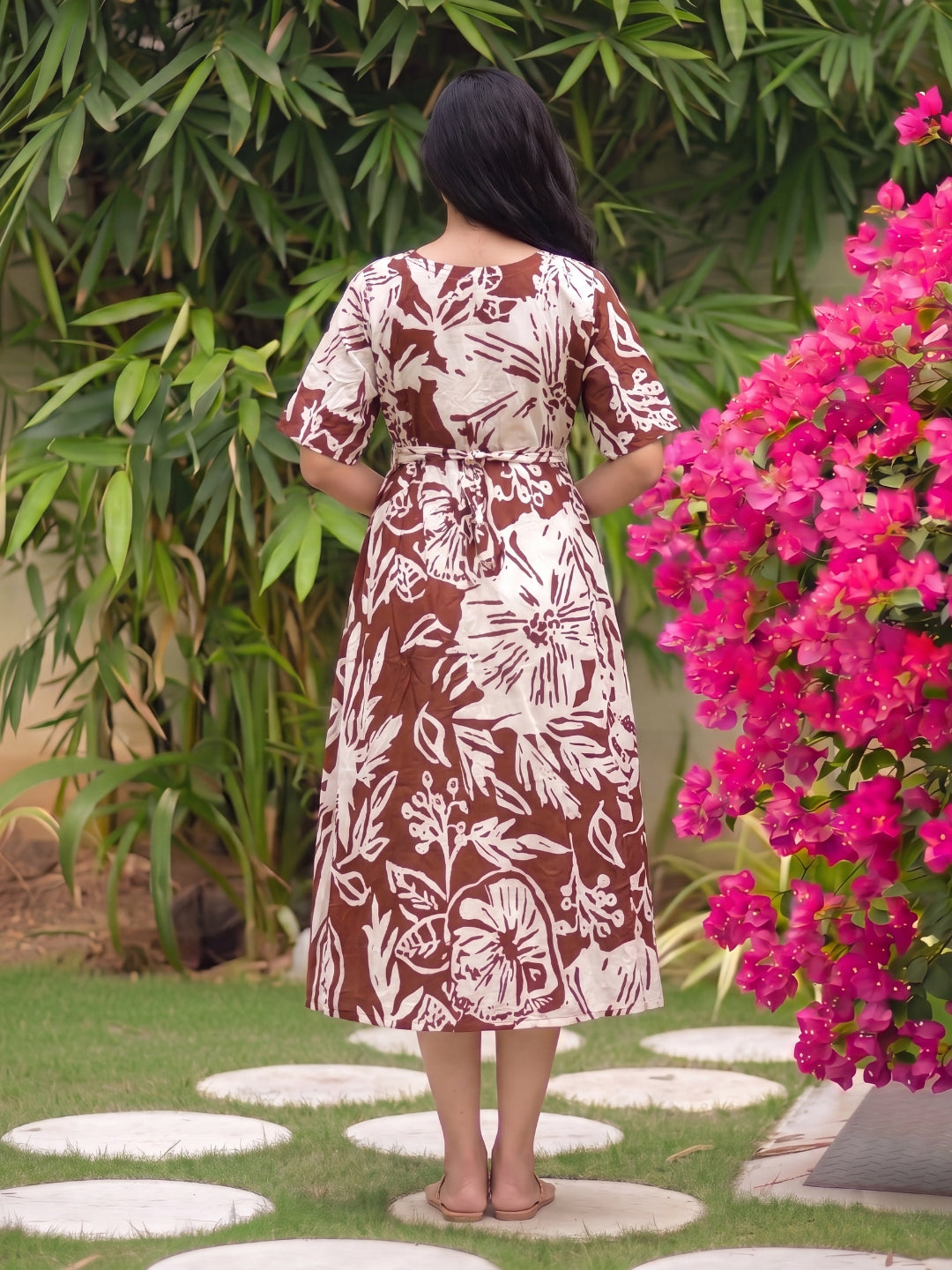Hibiscus Brown - Knee Length Maternity Dress with Feeding Zips - Soft Rayon
