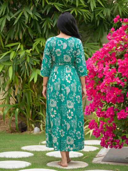 Marigold Sea Blue - Maternity Dress with Feeding Zips - Pure Cotton