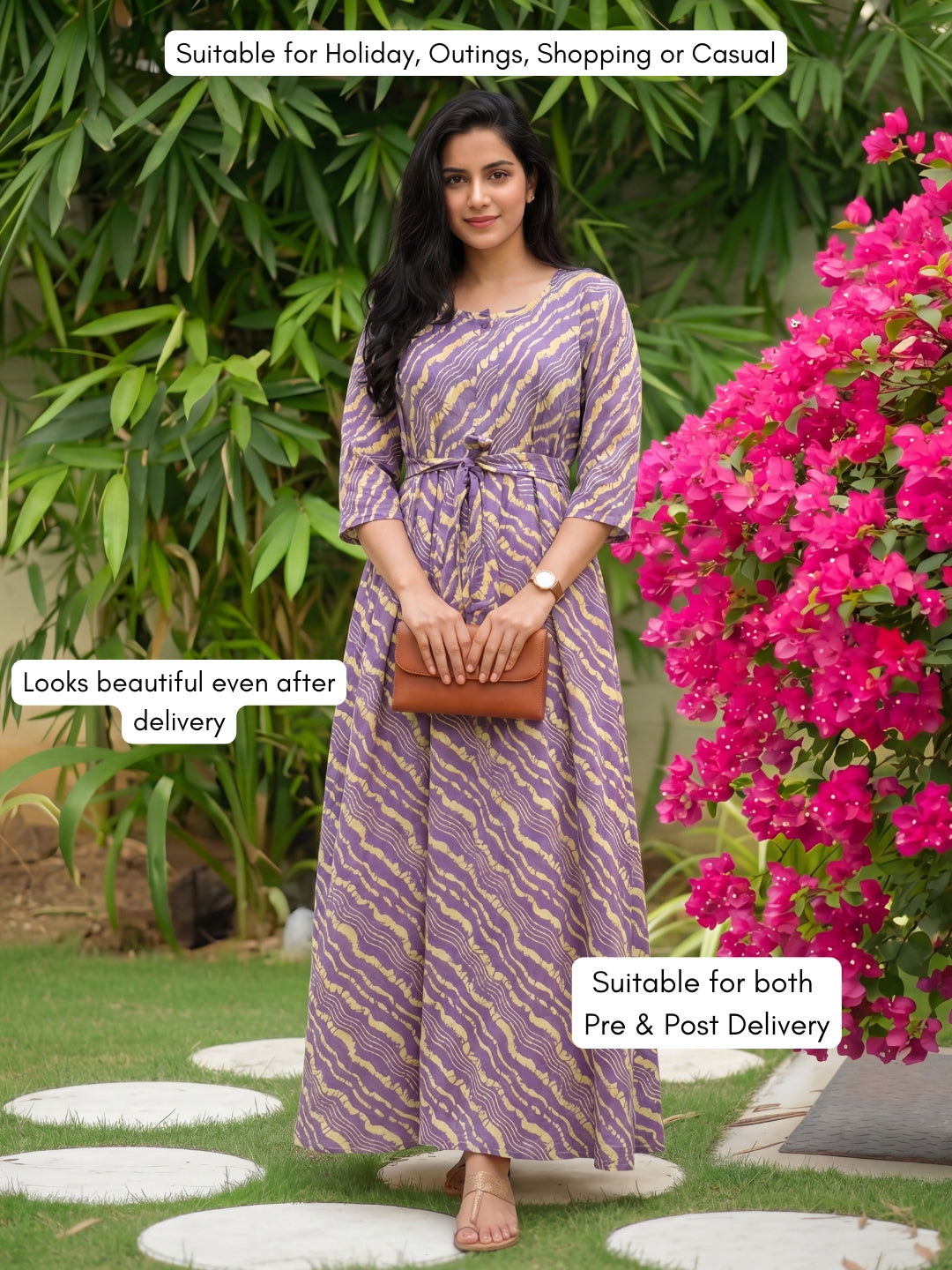 Stripes - Lavander - Maternity Kurti with Feeding Zips - Soft Rayon