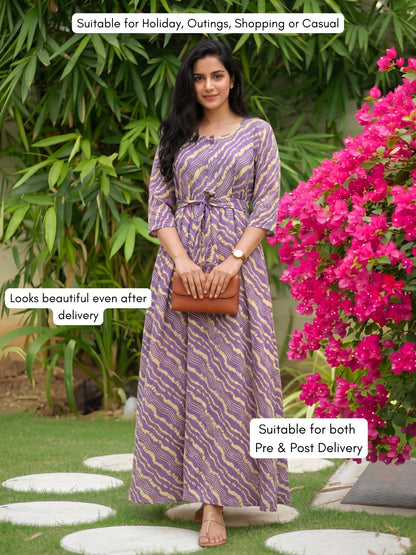 Stripes - Lavander - Maternity Kurti with Feeding Zips - Soft Rayon