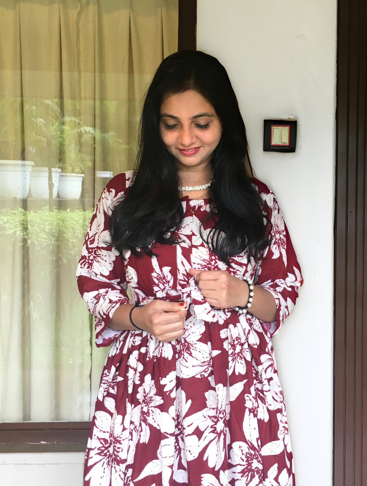 Hibiscus - Maroon - Maternity Kurti with Feeding Zips - Cotton Flex - Thicker Fabric