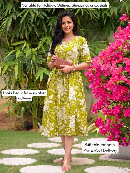 Lily Lemon - Knee Length Maternity Dress with Feeding Zips - Soft Rayon