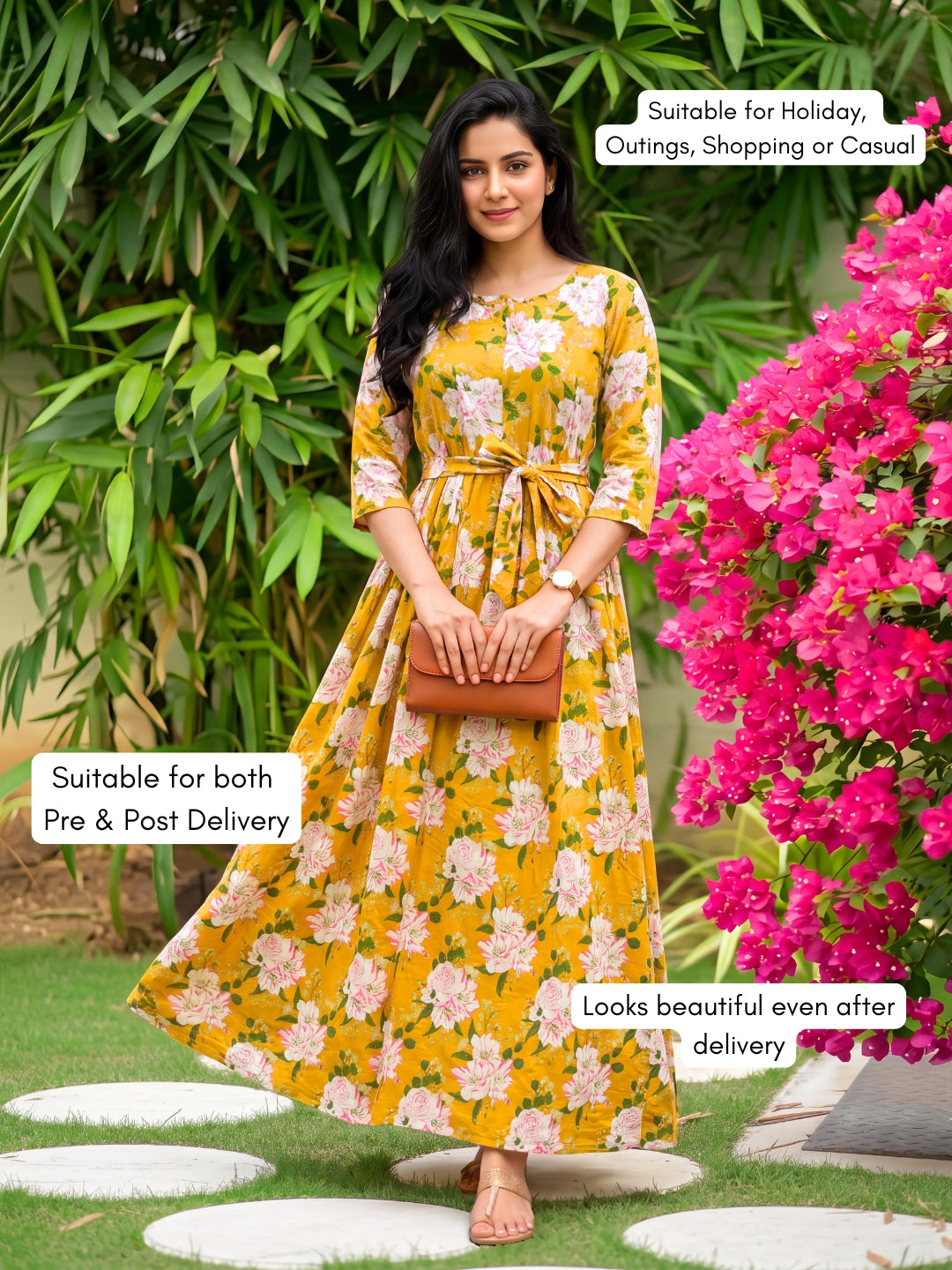 Exotic Yellow - Maternity Dress with Feeding Zips - Pure Cotton