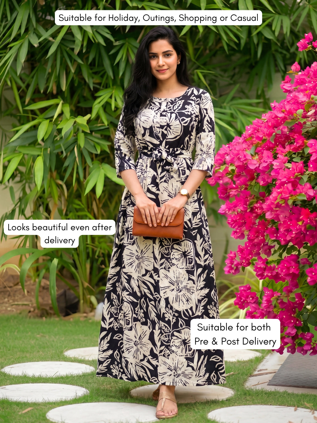 Hibiscus - Black White - Maternity Kurti with Feeding Zips - Soft Rayon