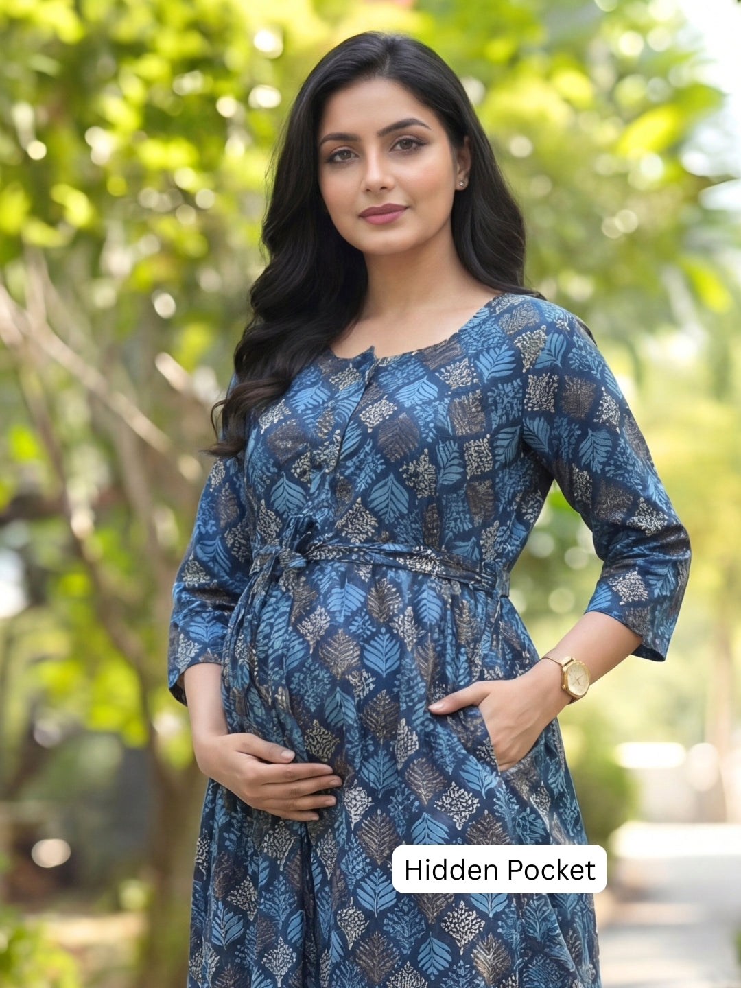 Blue & Sky Blue Shrub - Maternity Kurti with Feeding Zips - Soft Rayon