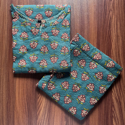 Katha Work - Green Brown Flower - Cord Set - Pure Cotton