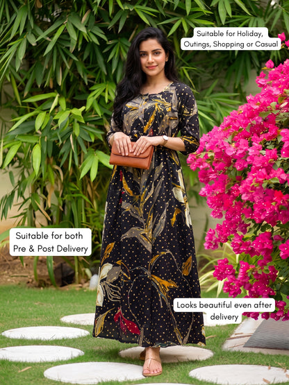 Nerium Flower - Black - Maternity Kurti with Feeding Zips - Soft Rayon