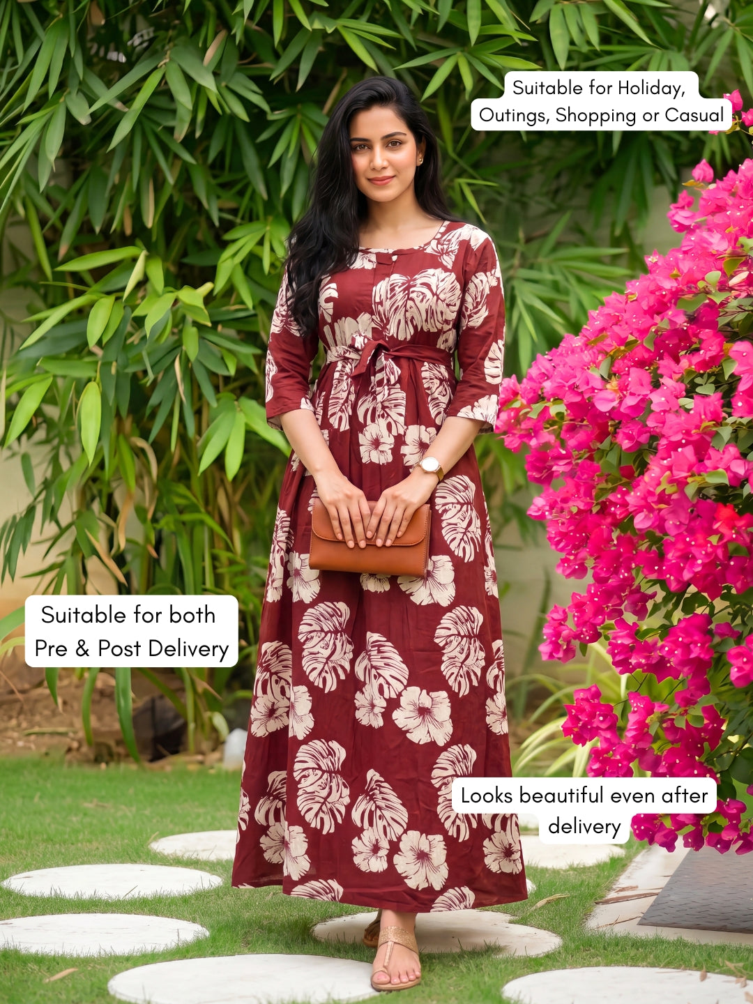 Swiss Cheese - Maroon - Maternity Dress with Feeding Zips - Pure Cotton