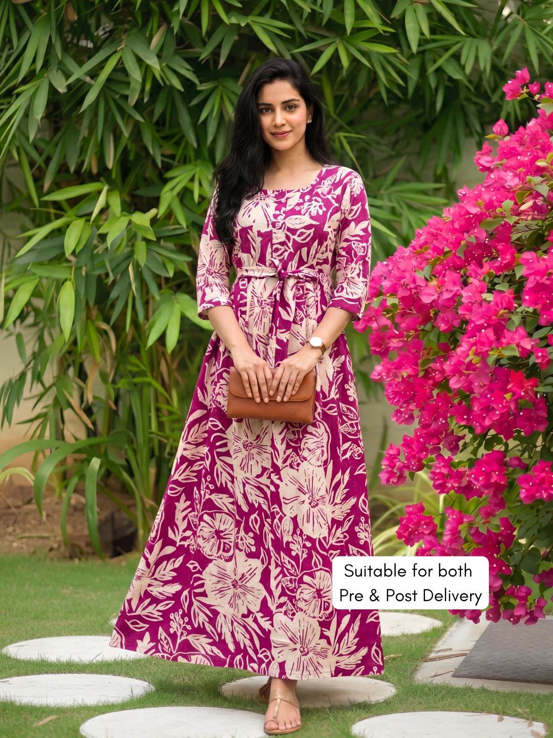 Hibiscus - Pink White - Maternity Kurti with Feeding Zips - Soft Rayon