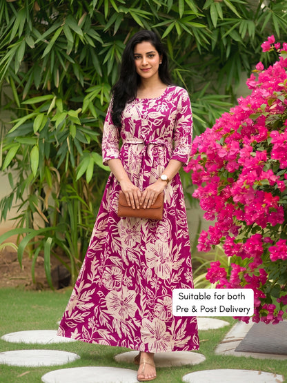Hibiscus - Pink White - Maternity Kurti with Feeding Zips - Soft Rayon