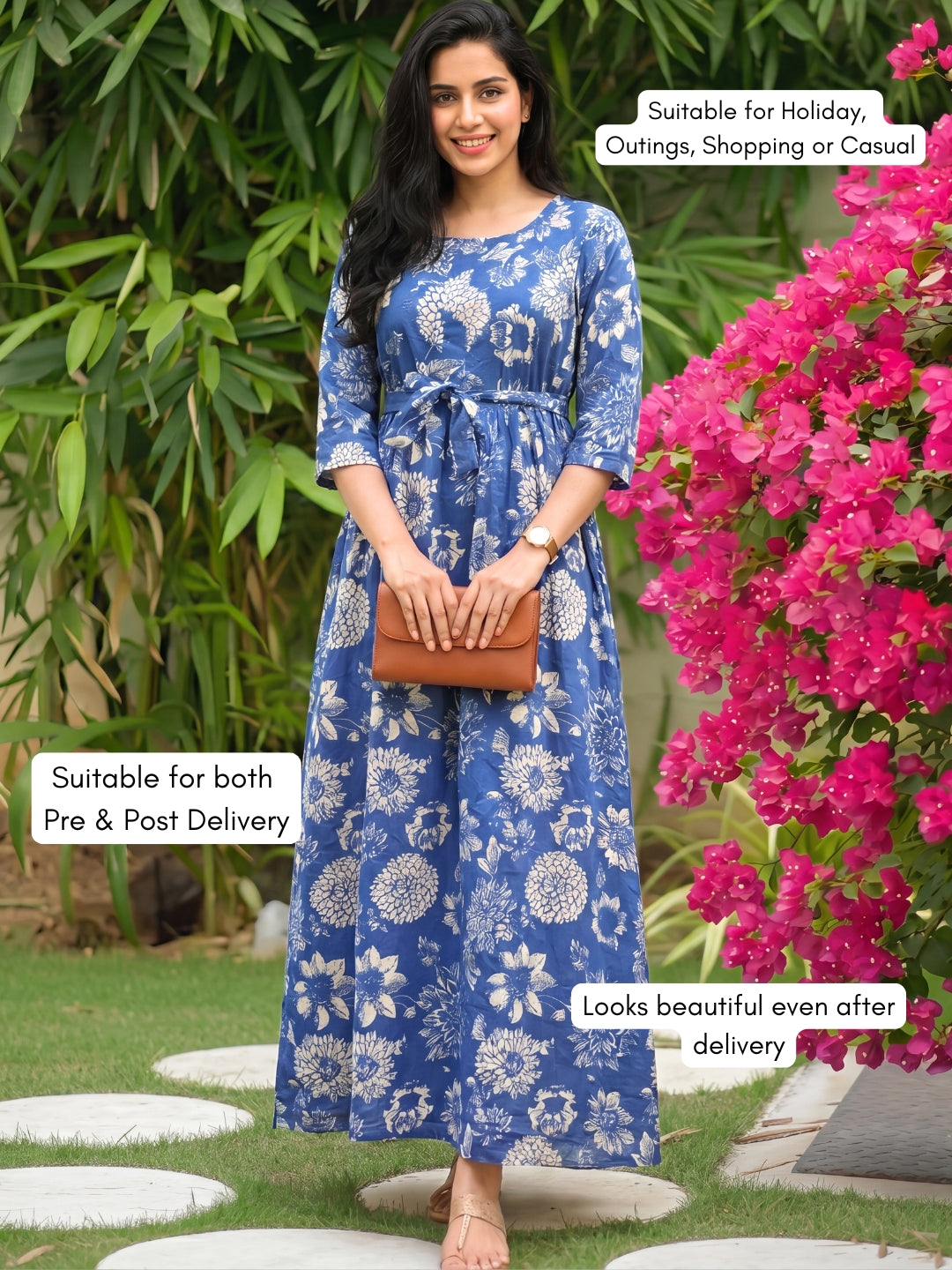 Marigold Cobalt - Maternity Dress with Feeding Zips - Pure Cotton