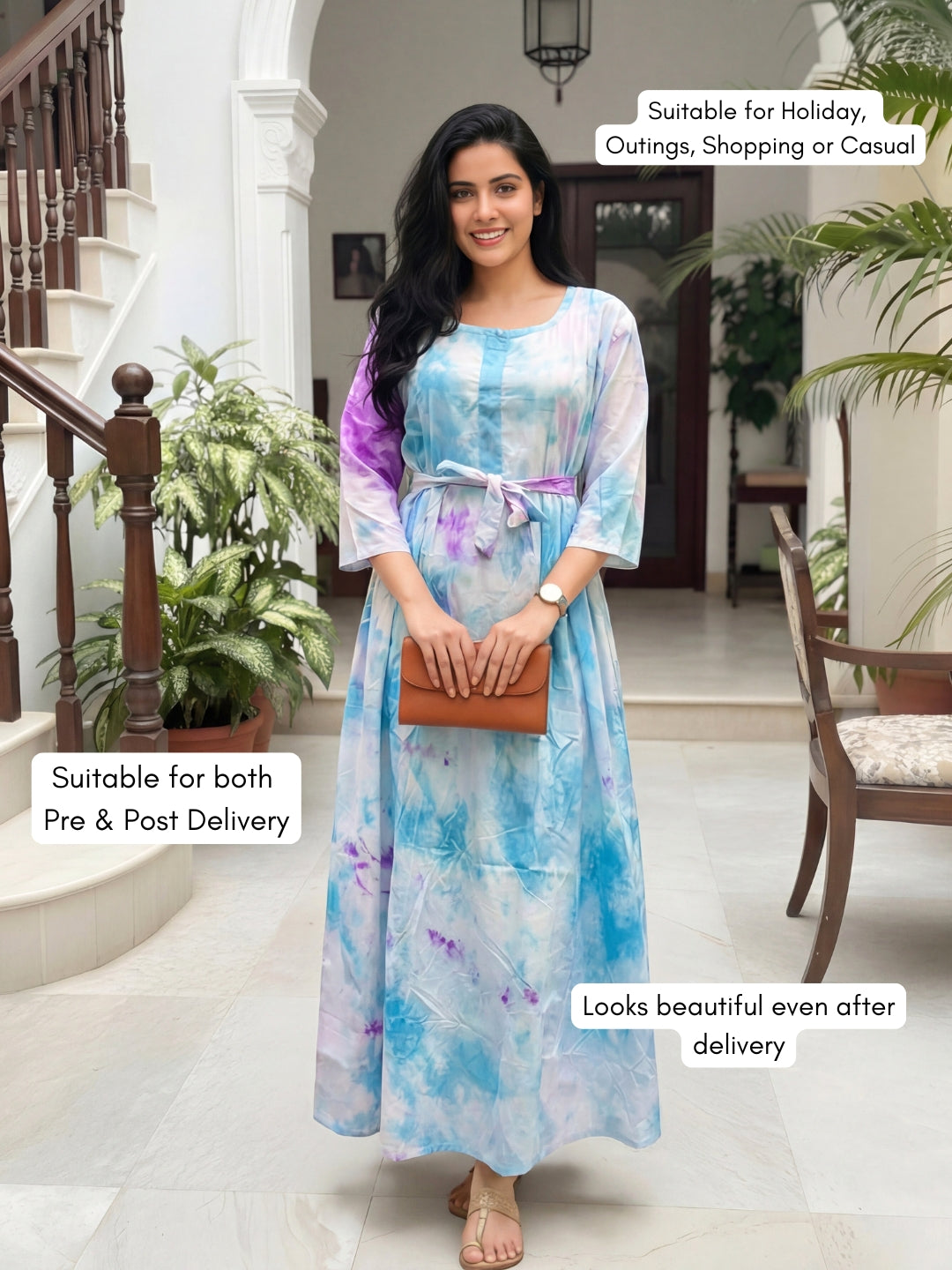 Tye Dye - Sky Blue Purple - Maternity Kurti with Feeding Zips - Soft Rayon