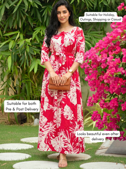 Swiss Red - Maternity Dress with Feeding Zips - Soft Rayon