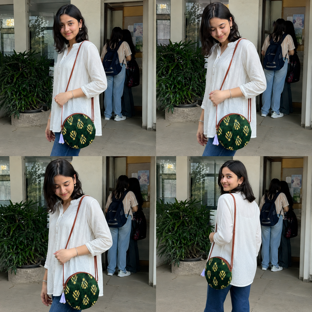 Green Cream Leaves - Cute Round Sling bag