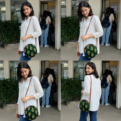 Green Cream Leaves - Cute Round Sling bag