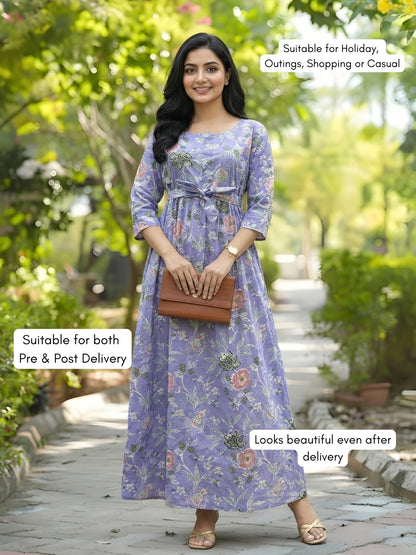 Lavander Green Flower - Maternity Kurti with Feeding Zips - Cambric Cotton