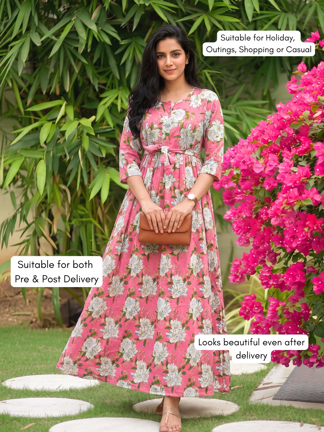 Exotic Pink - Maternity Dress with Feeding Zips - Pure Cotton