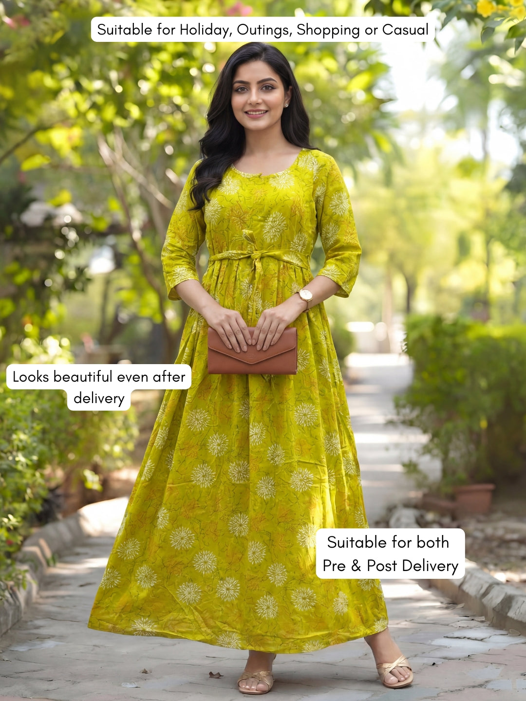 Marigold Rayon - Lemon White - Maternity Kurti with Feeding Zips - Soft Rayon