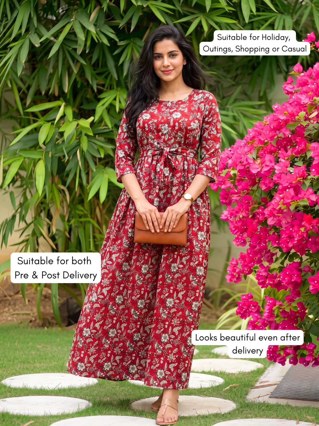 Maroon Forrest Print - Maternity Kurti with Feeding Zips - Cotton Flex - Thicker Fabric