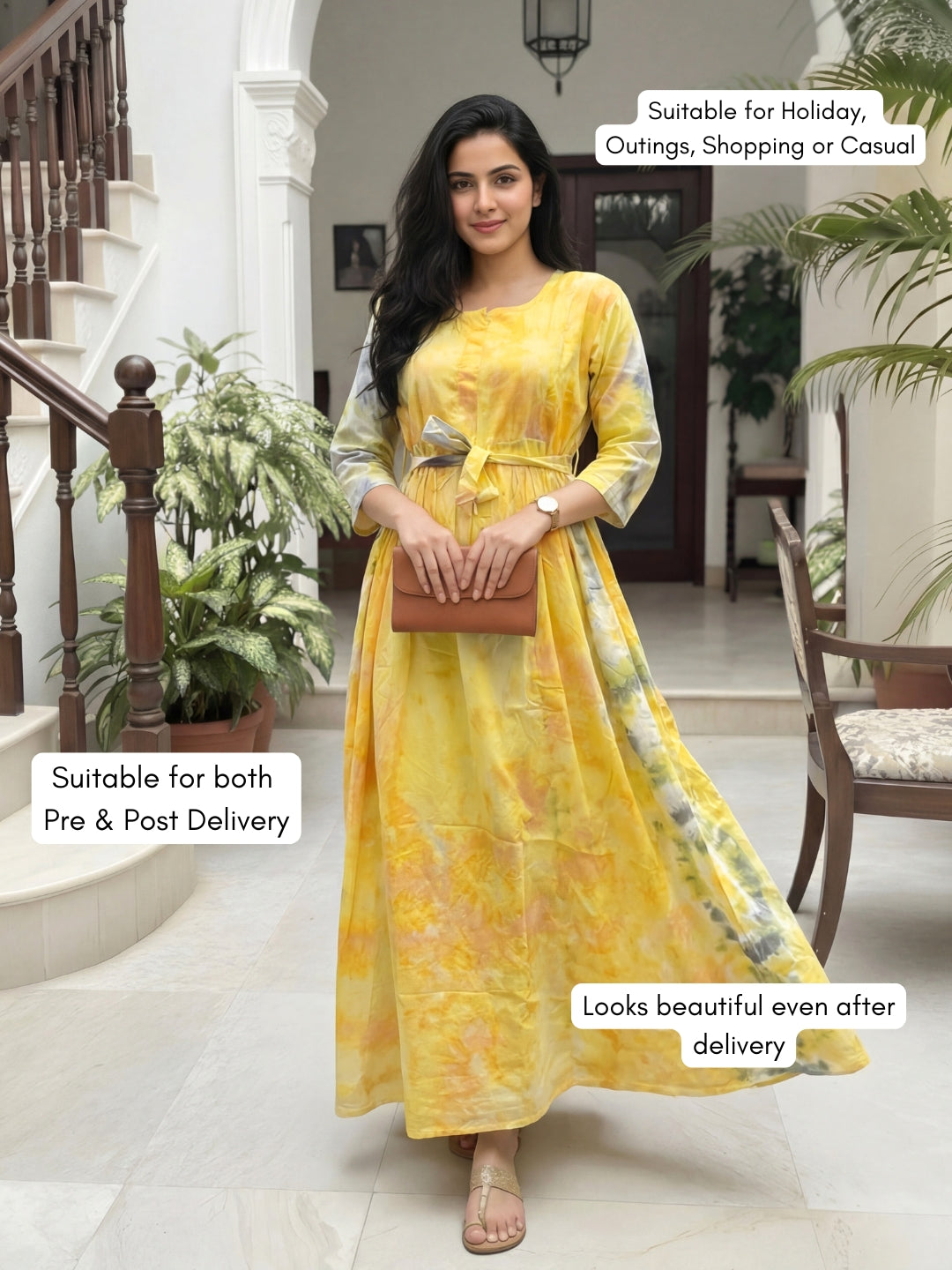 Tye Dye - Yellow Grey - Maternity Kurti with Feeding Zips - Soft Rayon
