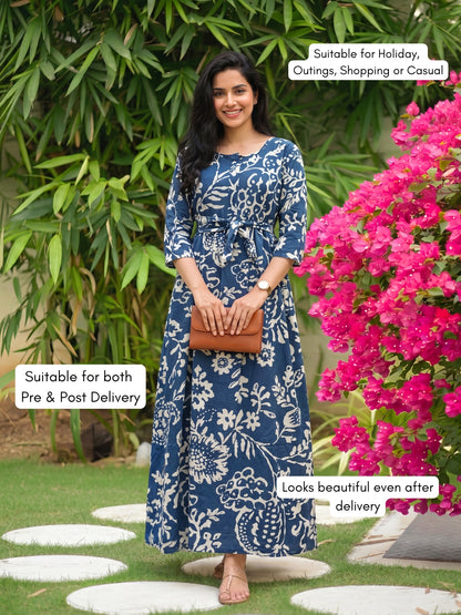 Florenza Blue - Maternity Dress with Feeding Zips - Soft Rayon
