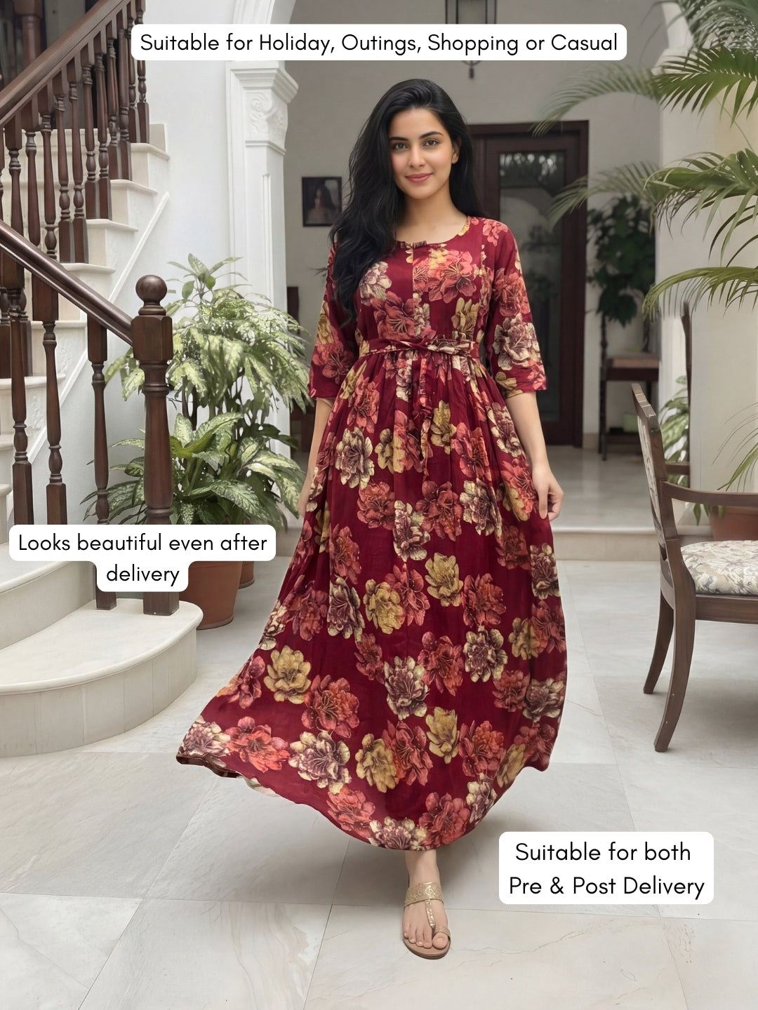 Gold & Cream Flower - Maroon - Maternity Kurti with Feeding Zips - Soft Rayon