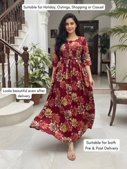 Gold & Cream Flower - Maroon - Maternity Kurti with Feeding Zips - Soft Rayon
