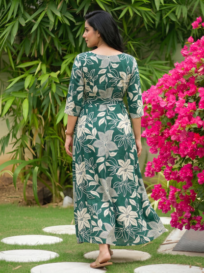 Lily Flower Sea Green - Maternity Kurti with Feeding Zips - Soft Rayon