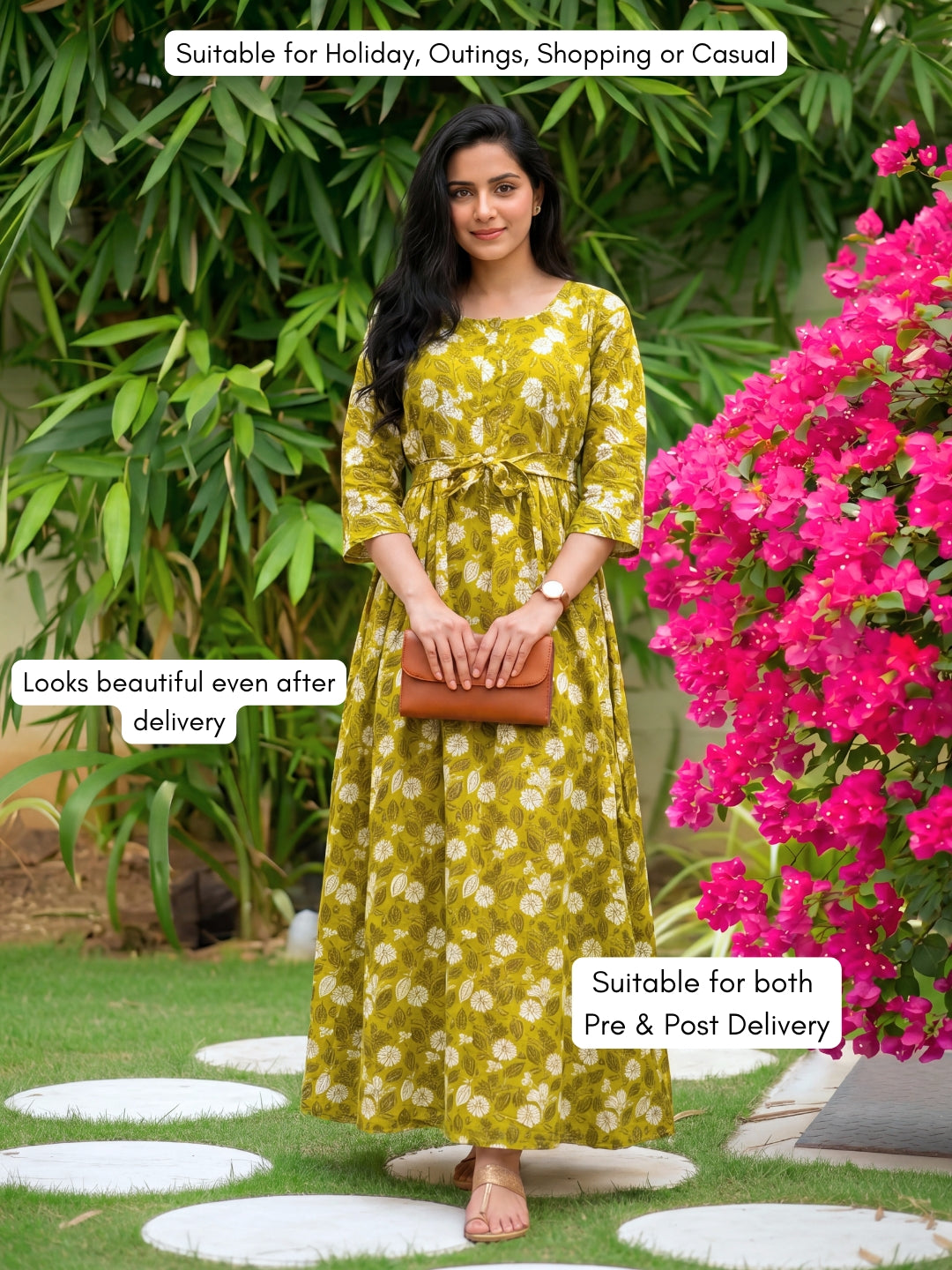 White Flower - Mustard - Maternity Kurti with Feeding Zips - Soft Rayon