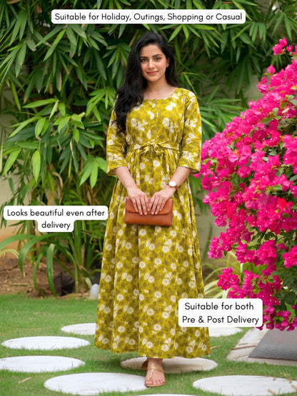 White Flower - Mustard - Maternity Kurti with Feeding Zips - Soft Rayon