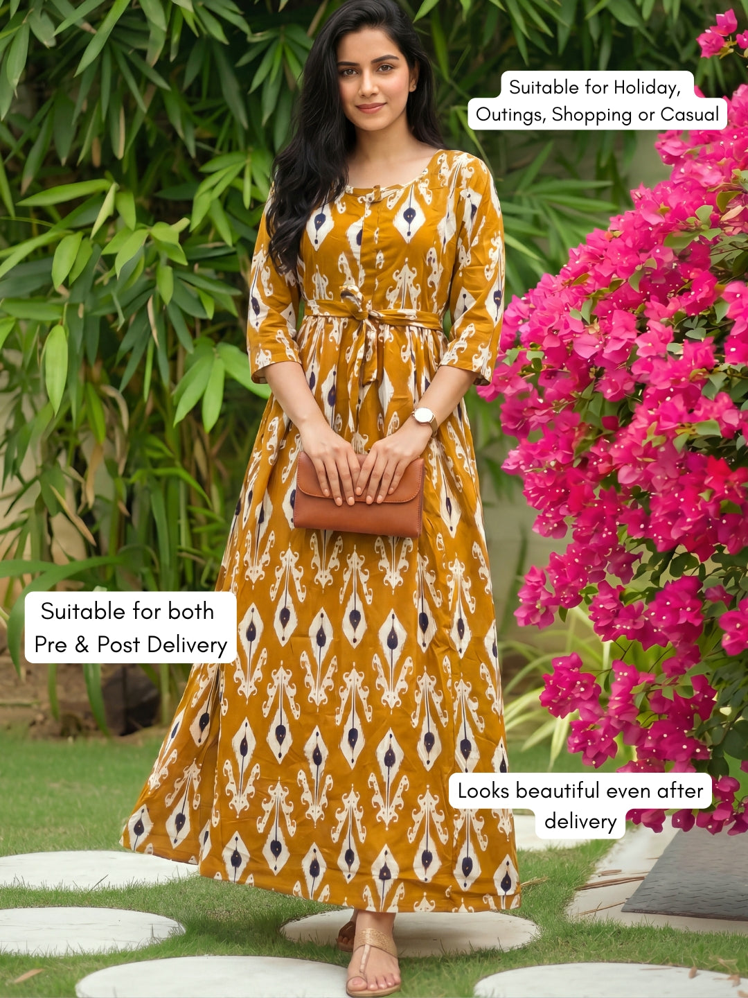White Arrow - Mustard - Maternity Dress with Feeding Zips - Soft Rayon