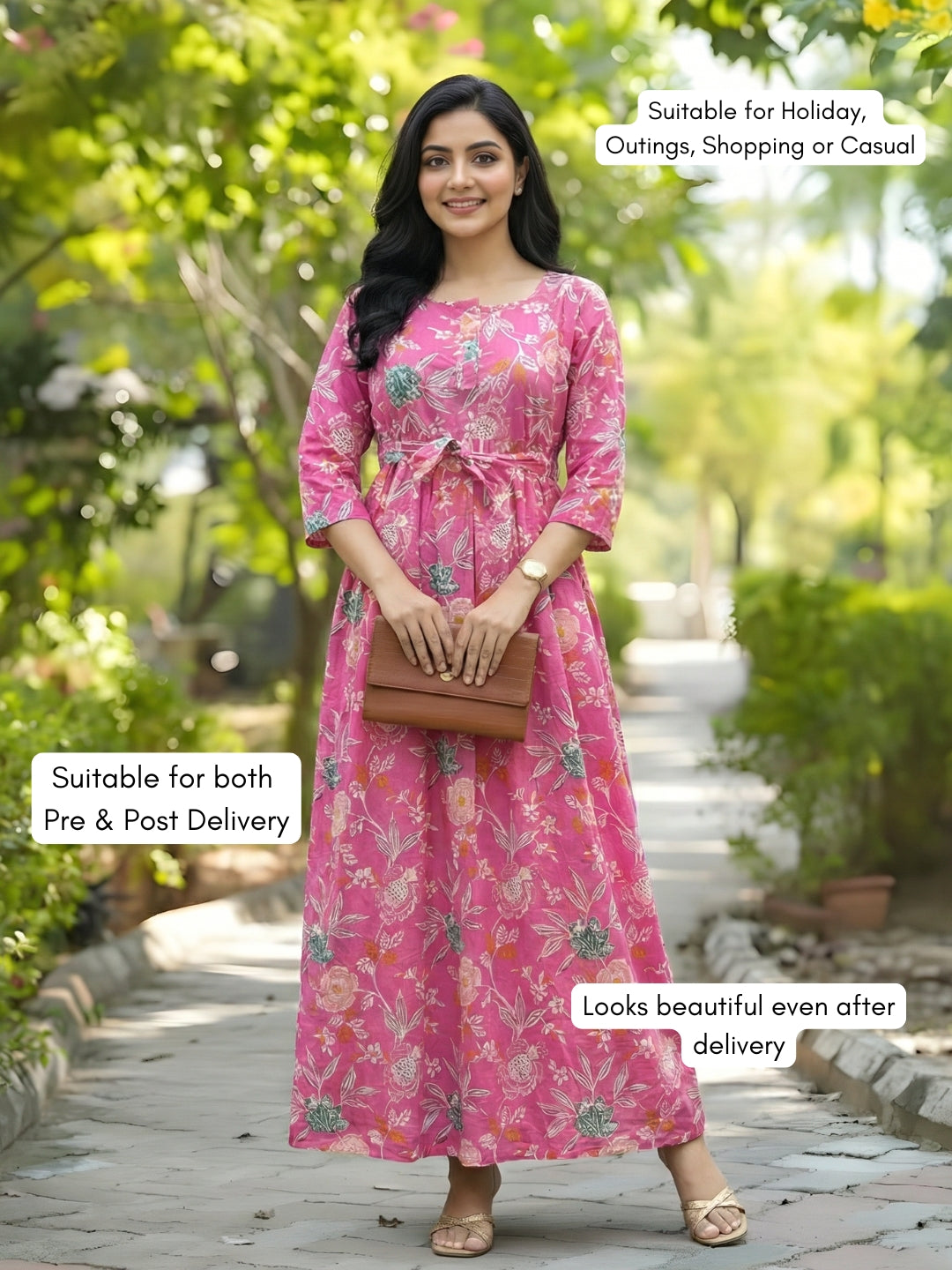 Pink Green Flower - Maternity Kurti with Feeding Zips - Cambric Cotton