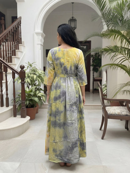 Tye Dye - Grey Green - Maternity Kurti with Feeding Zips - Soft Rayon