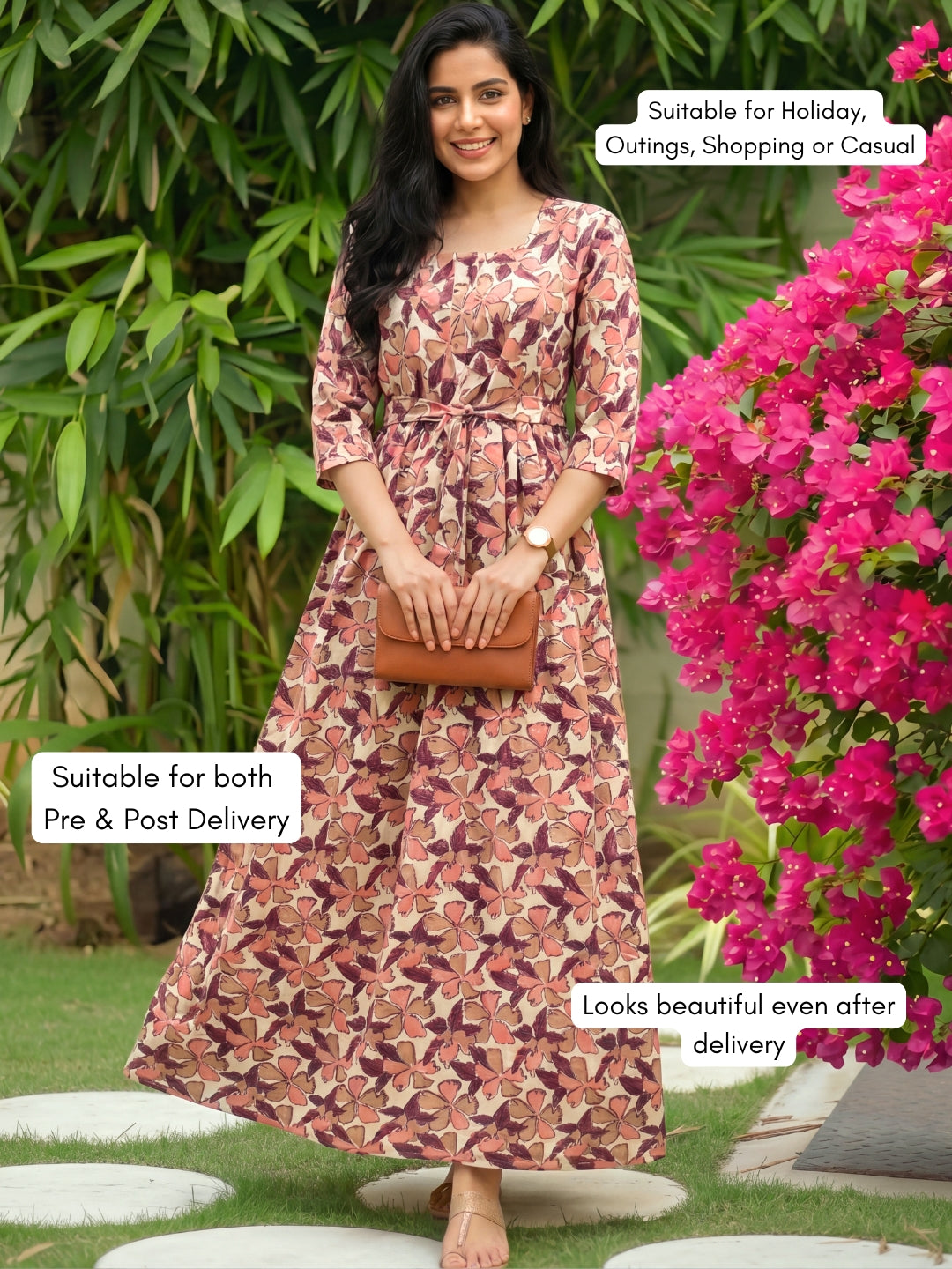 Pink Cream Leaf - Maternity Kurti with Feeding Zips - Cotton Flex - Thicker Fabric