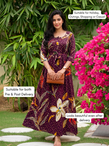 Nerium Flower - Purple - Maternity Kurti with Feeding Zips - Soft Rayon