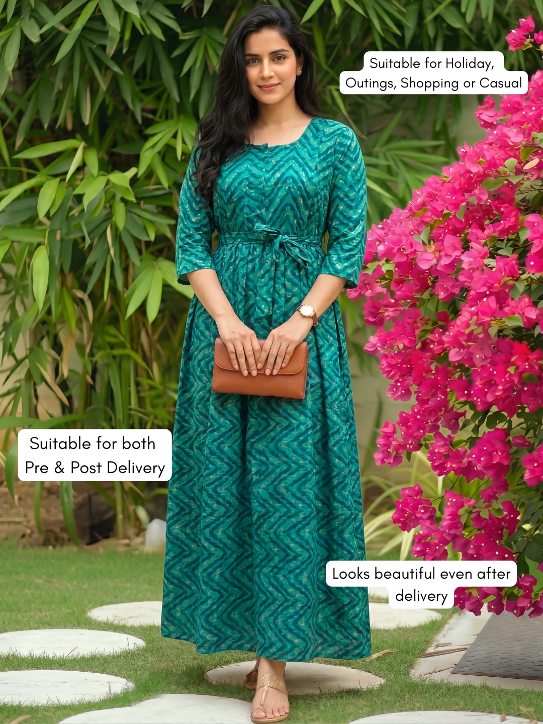 Peacock Bandhani Zigzag - Maternity Kurti with Feeding Zips - Soft Rayon
