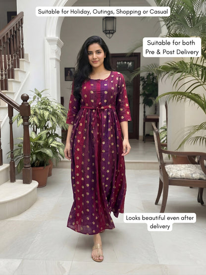 Gold Flower - Purple Maroon  - Maternity Kurti with Feeding Zips - Soft Rayon