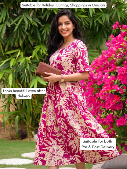 Hibiscus Pink - Knee Length Maternity Dress with Feeding Zips - Soft Rayon