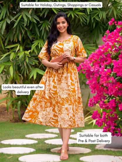 Hibiscus Yellow - Knee Length Maternity Dress with Feeding Zips - Soft Rayon