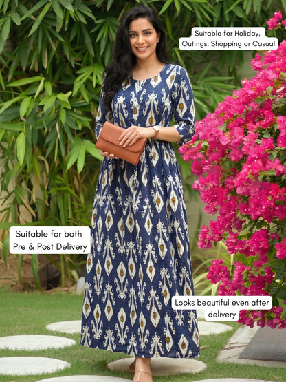 White Arrow - Blue - Maternity Dress with Feeding Zips - Soft Rayon