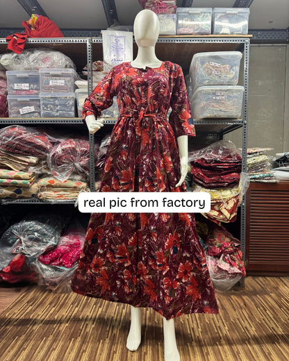 Floral - Wine - Maternity Kurti with Feeding Zips - Soft Rayon