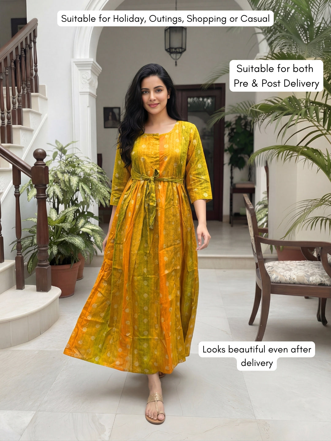 Gold Flower - Yellow  - Maternity Kurti with Feeding Zips - Soft Rayon