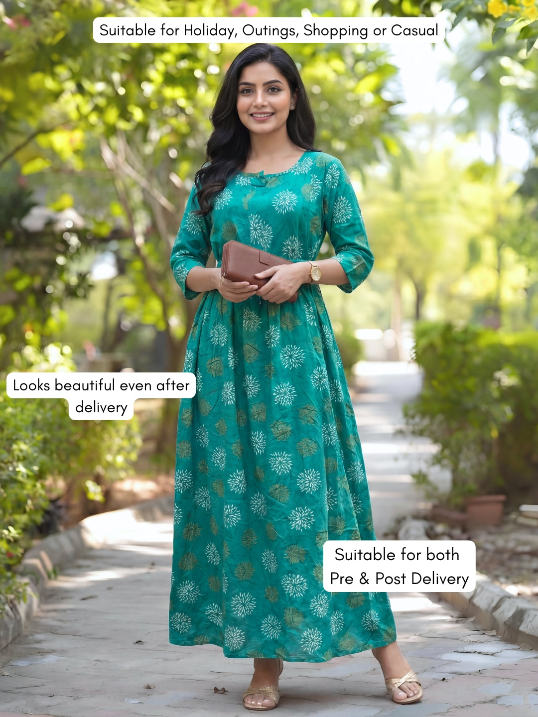 Marigold Rayon - Sea Green White - Maternity Kurti with Feeding Zips - Soft Rayon