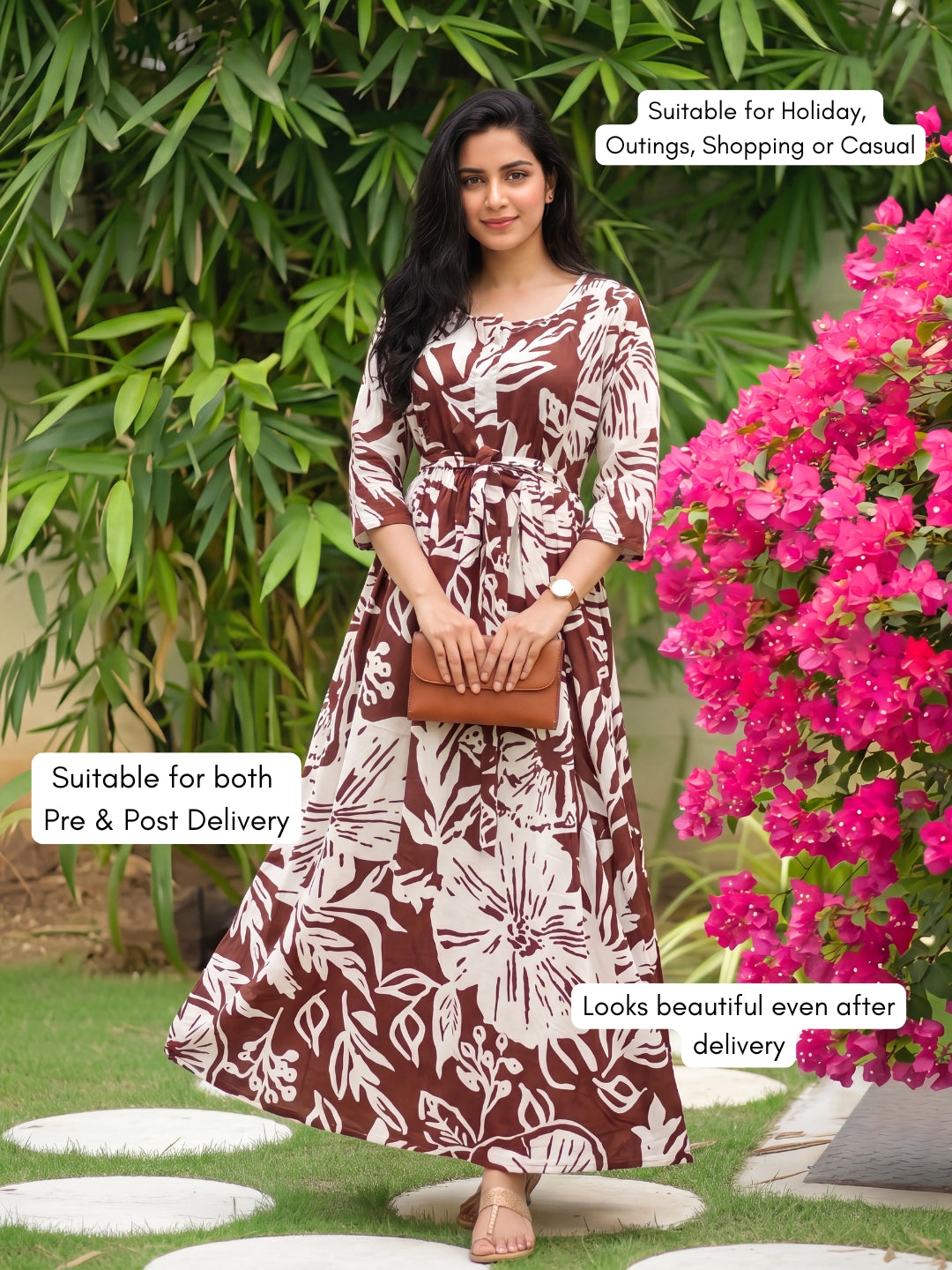 Hibiscus - Brown - Maternity Dress with Feeding Zips - Soft Rayon