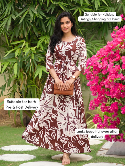 Hibiscus - Brown - Maternity Dress with Feeding Zips - Soft Rayon
