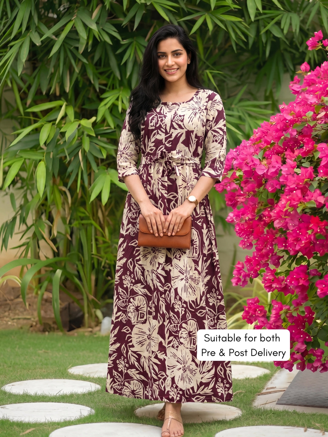 Hibiscus - Maroon White - Maternity Kurti with Feeding Zips - Soft Rayon