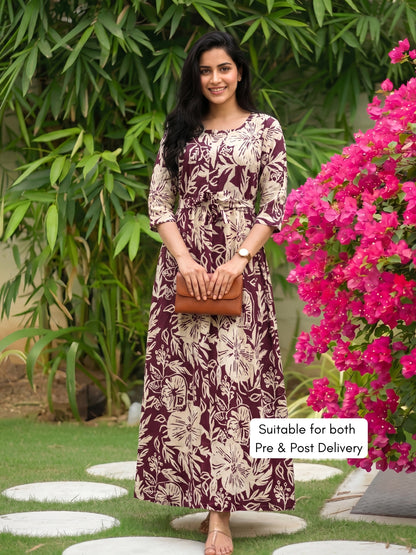 Hibiscus - Maroon White - Maternity Kurti with Feeding Zips - Soft Rayon
