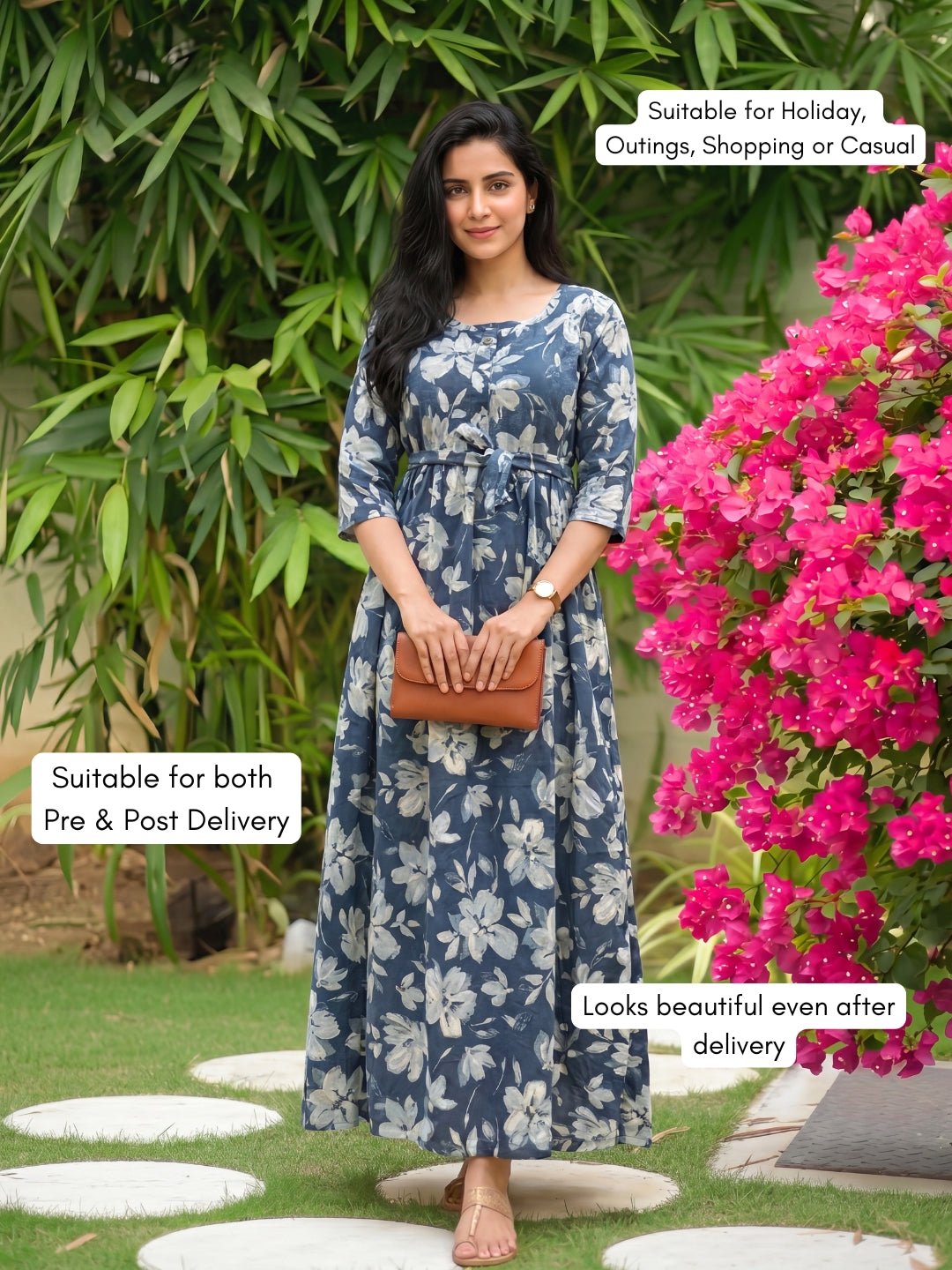 Jasmine Blue Grey - Maternity Dress with Feeding Zips - Pure Cotton