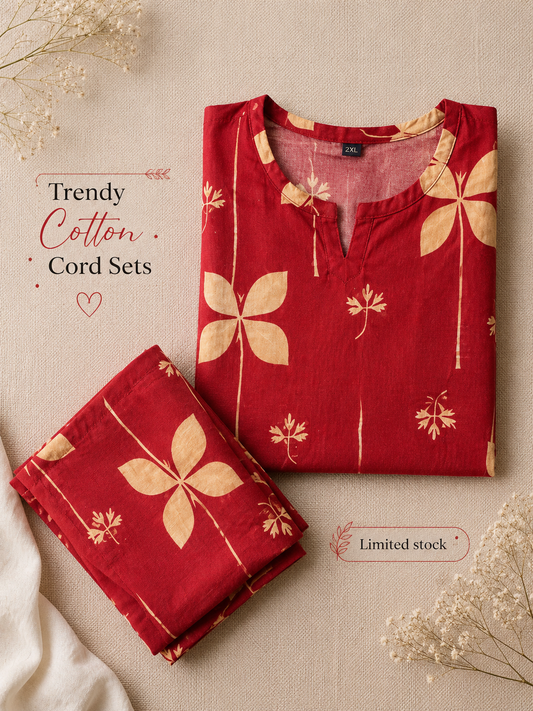 Red Motif Flower - Cord Set - Pure Cotton